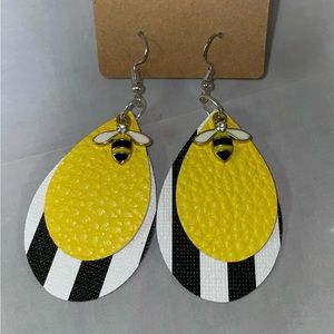Bumble Bee earrings handmade super cute yellow black n white faux leather charm